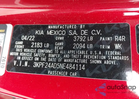 2022 Kia Forte Lxs z USA, uszkodzony, nr VIN 3KPF24AD5NE484114